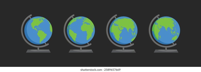 World Map with all Countries, set of Earth Globes vector illustration.