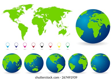 World Map with all Countries, set of Earth Globes vector illustration