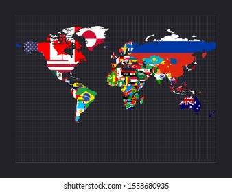 World map with all countries and their flags. Miller cylindrical projection. Map of the world with meridians on a dark background. Vector illustration.