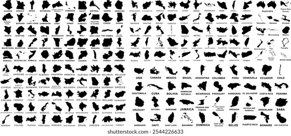 World map all country silhouette vector set, each nation map Includes USA, Canada, Brazil, Germany, Japan, France, Italy, and many more international regions