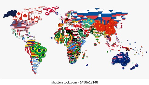 World map and all national circle country flags . Flat design . Creative concept . Vector .