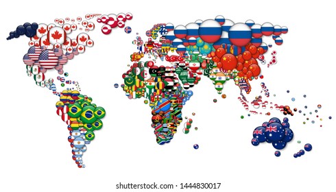 World map and all national circle country flags . 3D design . Creative concept . Vector .