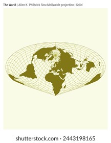 World Map. Allen K. Philbrick Sinu-Mollweide projection. Solid style. High Detail World map for infographics, education, reports, presentations. Vector illustration.