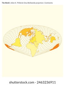 World Map. Allen K. Philbrick Sinu-Mollweide projection. Continents style. High Detail World map for infographics, education, reports, presentations. Vector illustration.