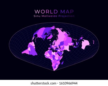 World Map. Allen K. Philbrick's Sinu-Mollweide projection. Digital world illustration. Bright pink neon colors on dark background. Appealing vector illustration.