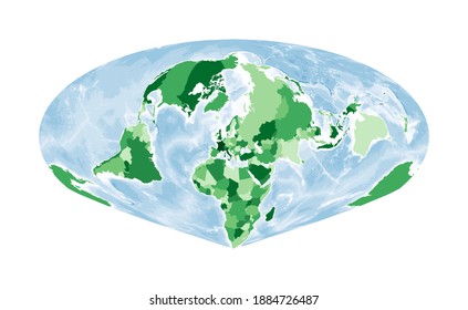 World Map. Allen K. Philbrick's Sinu-Mollweide projection. World in green colors with blue ocean. Vector illustration.