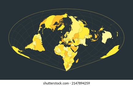 World Map. Allen K. Philbrick's Sinu-Mollweide projection. Futuristic world illustration for your infographic. Bright yellow country colors. Astonishing vector illustration.