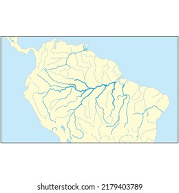 World Map of The AMAZON SELVA REGION in SOUTH AMERICA: Amazon Selva, Orinoco Llanos, Brazil, Venezuela, Colombia, Peru. Geographic chart of continent with affluent rivers and oceanic coastline.