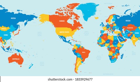 World map - America centered. 4 bright color scheme. High detailed political map of World with country, ocean and sea names labeling.