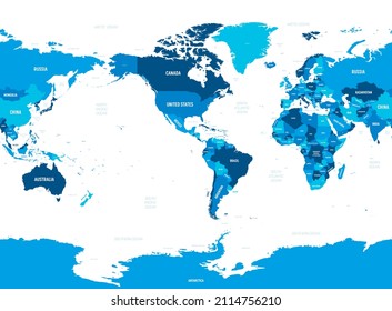 World map - America centered. Blue hue colored on dark background. High detailed political map of World with country, capital, ocean and sea names labeling