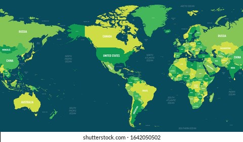 Mapa mundial - América centrada. Color verde sobre fondo oscuro. Mapa político detallado del mundo con nombres de país, capital, océano y mar etiquetados.