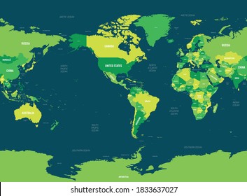 World map - America centered. Green hue colored on dark background. High detailed political map of World with country, capital, ocean and sea names labeling.