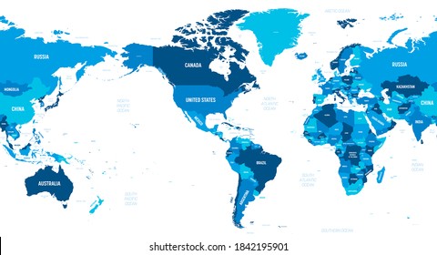 World map - America centered. Green hue colored on dark background. High detailed political map of World with country, capital, ocean and sea names labeling.