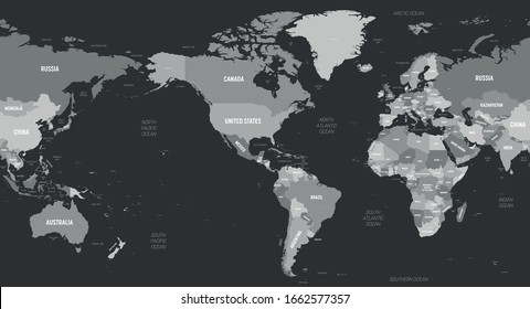 World map - America centered. Grey colored on dark background. High detailed political map of World with country, capital, ocean and sea names labeling.