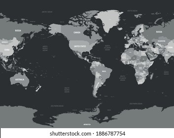 World map - America centered. Grey colored on dark background. High detailed political map of World with country, capital, ocean and sea names labeling.