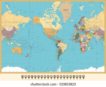 World Map America Centered and map pointers. Retro color. All elements are separated in editable layers clearly labeled.