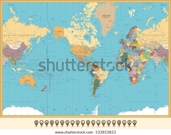 World Map America Centered Map Pointers Stock Vector Royalty Free