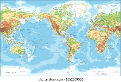 World Map - American View - Physical Topographic - Vector Detailed Illustration - America in Center