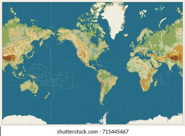 World Map Americas Centered Physical Map. Vintage Colors. No bathymetry and names. Vector illustration.