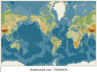 World Map Americas Centered Physical Map. Vintage Colors. No bathymetry. Vector illustration.