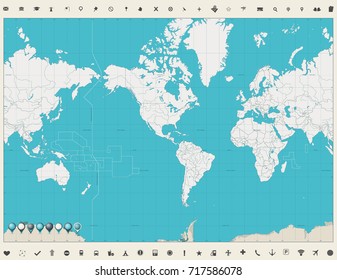 World Map Americas Centered Map Vintage color and map markers. No text. Vector illustration.