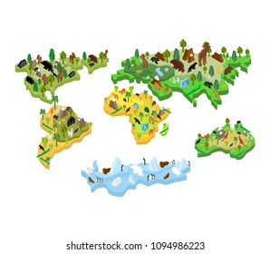 World map animal Isometric style. Earth continent flora and fauna. Vector illustration

