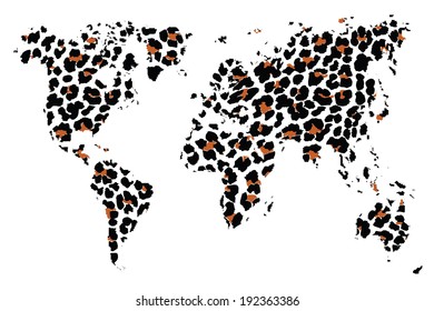 World map in animal print design, leopard pattern, vector illustration