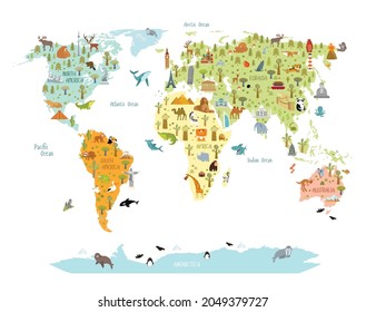 World map with animals and architectural landmarks for kids. Eurasia, Africa, South America, North America, Australia. Cartoon animals.