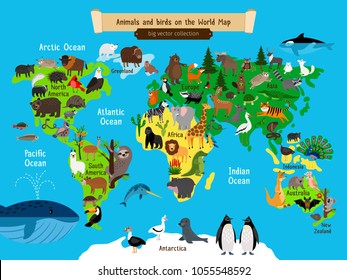 World Map Animals. Europe and Asia, South and North America, Australia and Africa and ocean Animals geography map vector illustration for kids