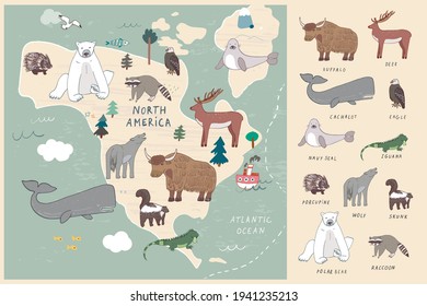 World map animals of North America vector illustrations set print