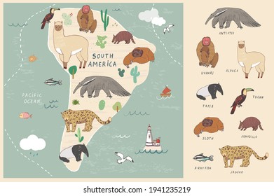World map animals of South America print vector illusrations set