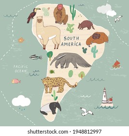 World map animals of South America print vector illusrations set