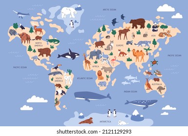 Mapa mundial con animales en el agua y en la tierra. Geografía y fauna del planeta. Vida silvestre, naturaleza para los niños.Continentes, océanos, mamíferos y peces para niños preescolares. Ilustración vectorial plana de color.