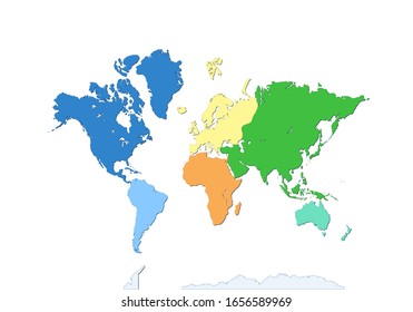 World map with Antarctica. seven continents. Each continent in different color. flat design. Atlas. Wallpaper global. Asia, Africa, North and South America, Antarctica, Europe and Australia.