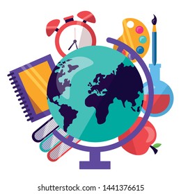 world map apple book clock back to school vector illustration