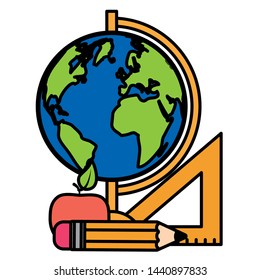 world map apple ruler and pencil back to school vector illustration