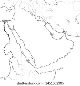 World Map of ARABIAN PENINSULA: 
The Middle East, Arabian World, Saudi Arabia, Iraq, Syria, Mesopotamia, Persia, The Emirates, Persian Gulf, Red Sea, Indian Ocean. Geographic chart with sea coastline.