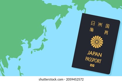 World Map around Japan and Japanese Passports, General Travel Documents, Dark Blue - Translation: Japanese Passport