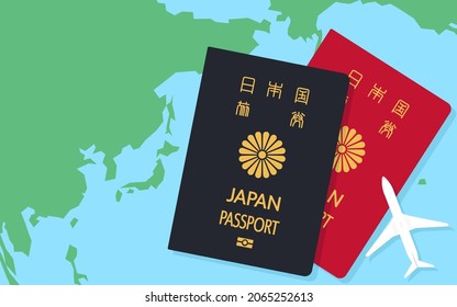 World map around Japan, Japanese passport and airplane model, general passport, dark blue and red - Translation: Japanese passport