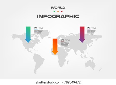 World map arrow color infographics step by step in a series of gradient block. Element of chart, graph, diagram with 3 options - parts, processes, timelines. Vector business template for presentation