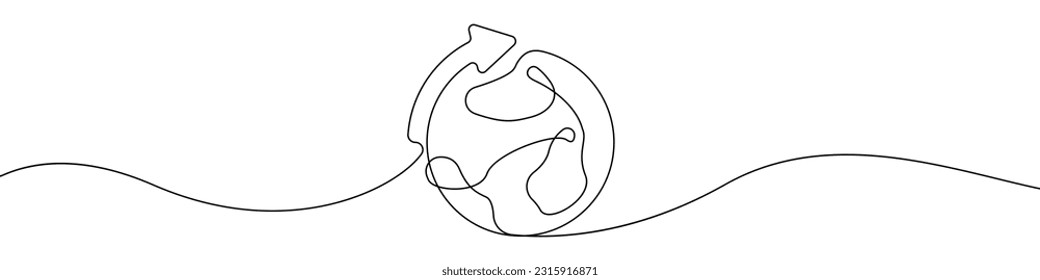 World map with arrow icon line continuous drawing vector. One line World map with arrow icon vector background. Planet with an arrow icon. Continuous outline of a Planet with an arrow.