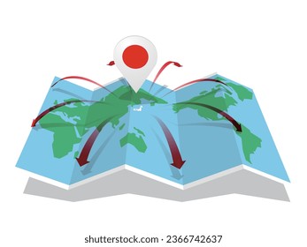 World map with arrows extending from Japan to all directions and markers Vector illustration