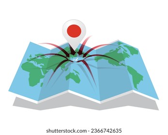 World map with arrows stretching from all directions to Japan and markers Vector illustration