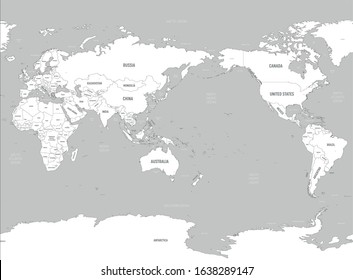 World map - Asia, Australia and Pacific Ocean centered. White lands and grey water. High detailed political map of World with country, capital, ocean and sea names labeling.