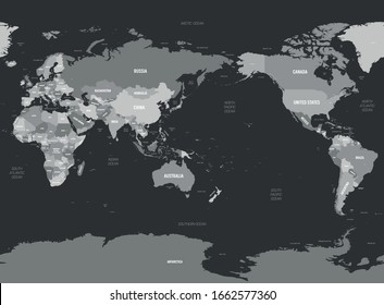 World map - Asia, Australia and Pacific Ocean centered. Grey colored on dark background. High detailed political map of World with country, capital, ocean and sea names labeling.