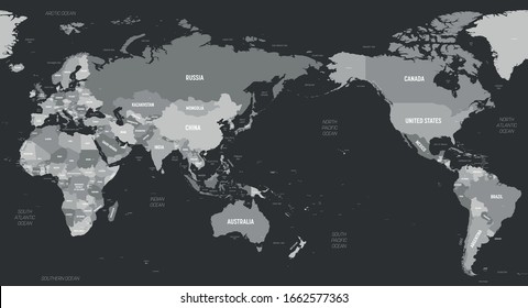 World map - Asia, Australia and Pacific Ocean centered. Grey colored on dark background. High detailed political map of World with country, capital, ocean and sea names labeling.