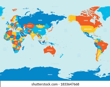 World map - Asia, Australia and Pacific Ocean centered. 4 bright color scheme. High detailed political map of World with country, ocean and sea names labeling.