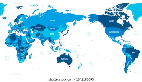 World map - Asia, Australia and Pacific Ocean centered. Green hue colored on dark background. High detailed political map of World with country, capital, ocean and sea names labeling.