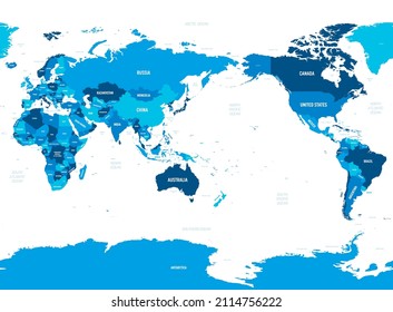 World map - Asia, Australia and Pacific Ocean centered. Blue hue colored on dark background. High detailed political map of World with country, capital, ocean and sea names labeling