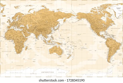 World Map - Asia China Center - Vintage Physical Topographic - Vector Detailed Illustration svg